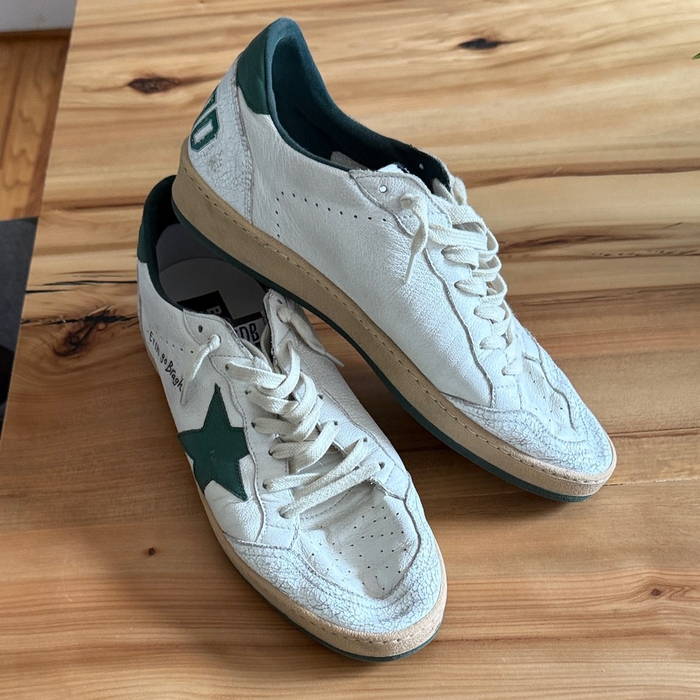 White & Green Men's Low-Top Leather Sneakers